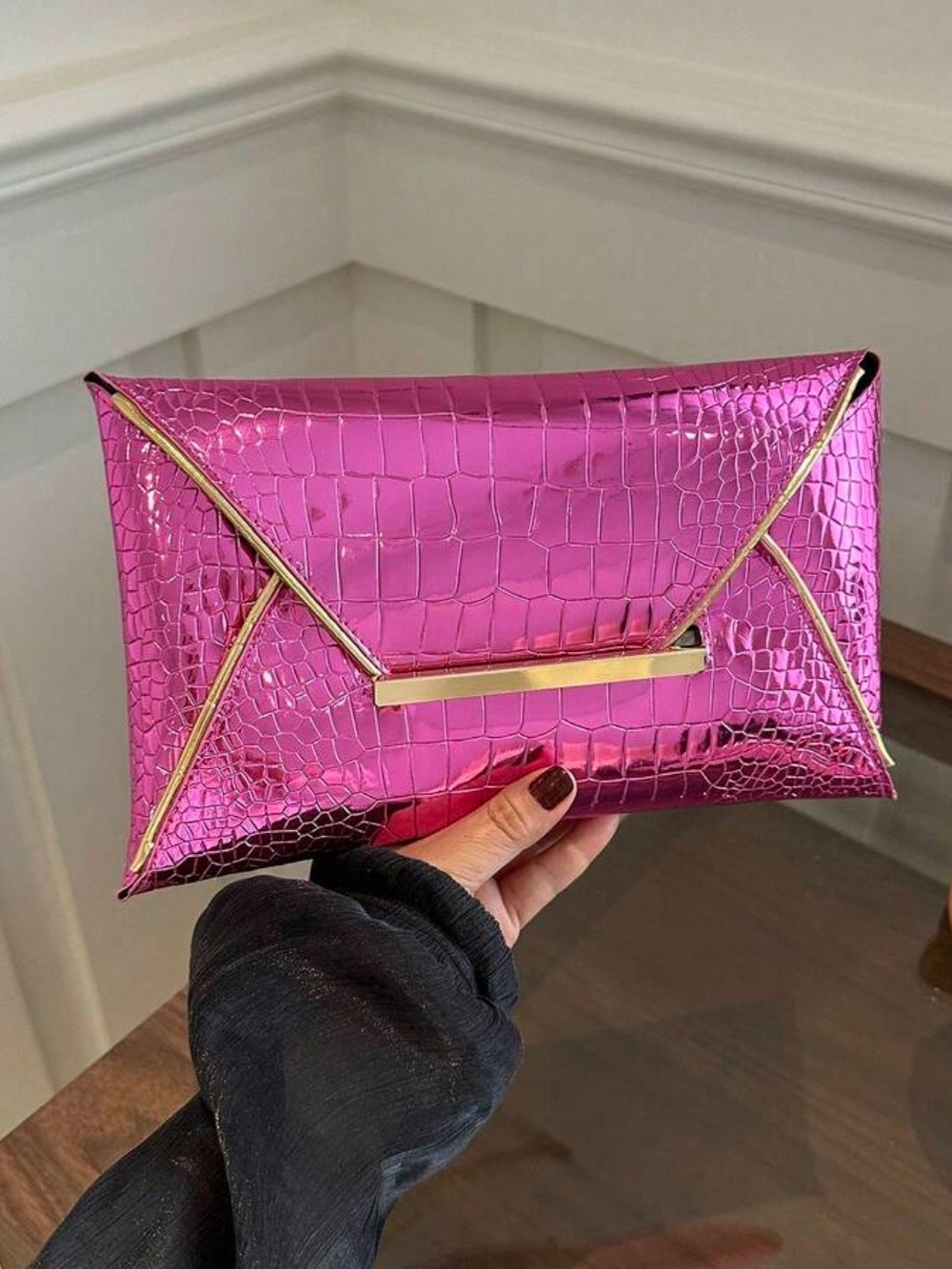Hot Pink Metallic Envelope Clutch Handbag